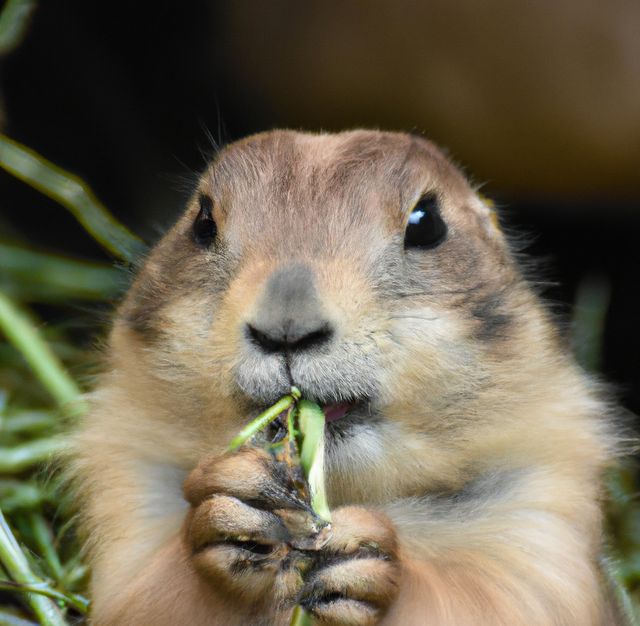 This image features a close-up of a prairie dog eating grass. Ideal for use in wildlife documentaries, nature magazines, educational materials, and animal-related blogs. The adorable expression of the rodent adds a charismatic charm, making it suitable for children's books and playful illustrations as well.