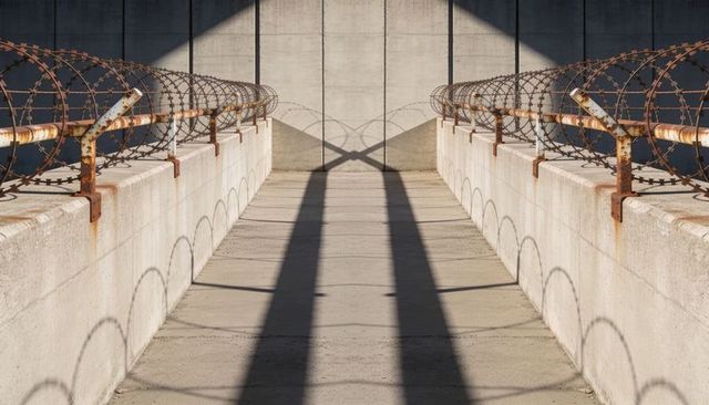 Industrial walkway leading to tall concrete wall with rusted razor wire and dramatic shadows