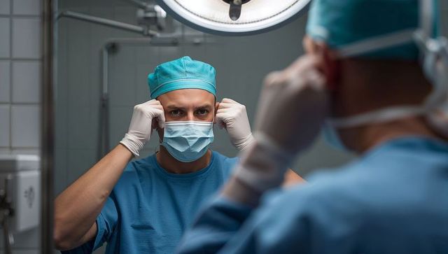 Surgeon adjusting surgical mask in operating room mirror preparing for surgery