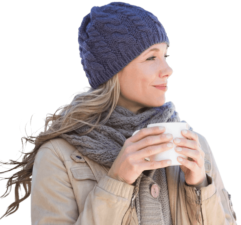 Smiling Woman in Knitwear Holding Mug on Transparent Background