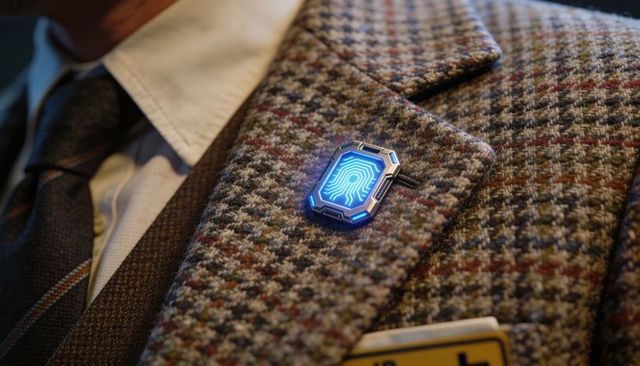 Vintage tweed jacket with futuristic led fingerprint lapel badge closeup at formal event