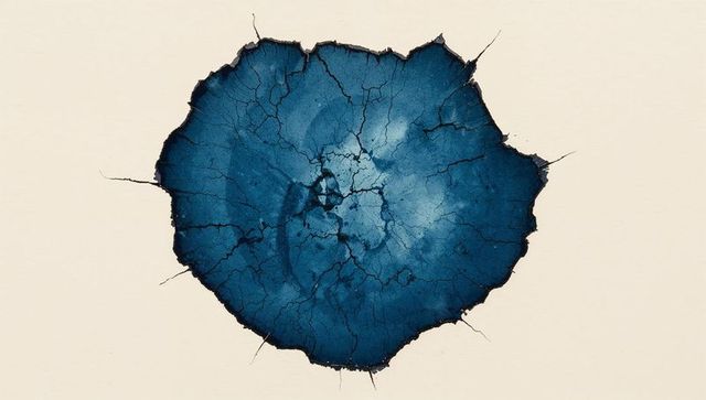 Deep cracked navy pigment blot with radial fracture network on pale fibrous sheet