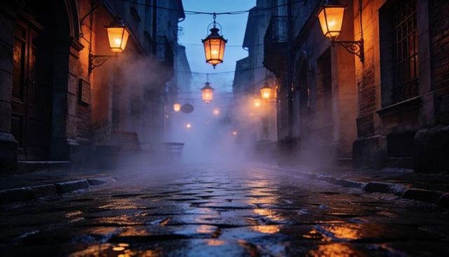 Glowing wet cobblestone alley reflecting lantern light at dusk with fog and puddles