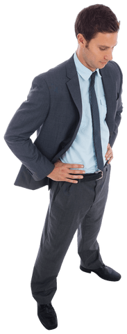 Transparent Stern Businessman Standing Confidently with Hands on Hips