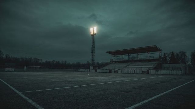 Empty Soccer Stadium with Illuminated Floodlights at Dusk
