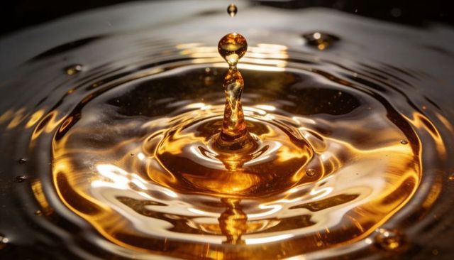 Amber droplet capturing rising column and concentric ripples in gold liquid macro