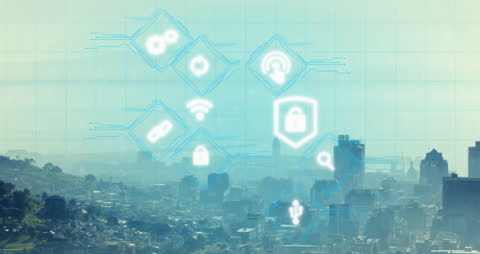 Digital Security Icons Overlaid on Cityscape Representing Cybersecurity