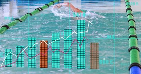 Competitive swimmer cutting through pool with performance charts showing progress