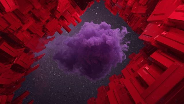 Vibrant sci-fi dreamscape with purple cloud and red geometric canyon