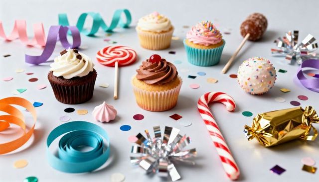Festive dessert spread featuring cupcakes, candy canes, lollipops, sprinkles and confetti