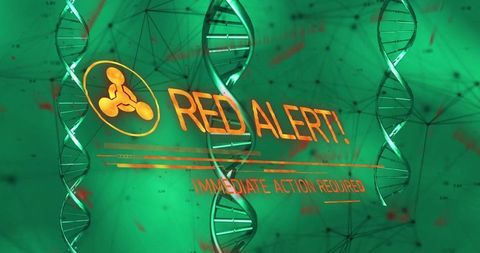 Futuristic Alert Screen with DNA and Biohazard Symbol