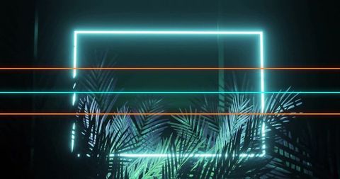 Futuristic neon frame with tropical palm leaves and light streaks