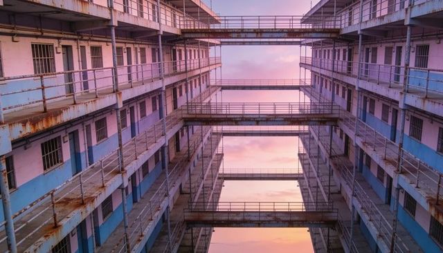 Vertical symmetry in urban lightwell showing rusted metal walkways and pastel sunset