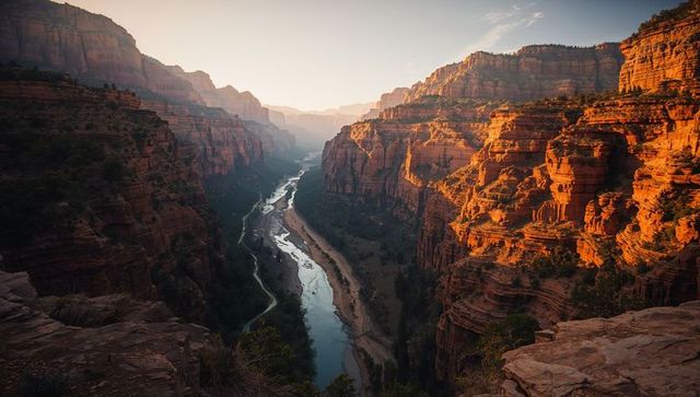 Sunlit Canyon Valley with Winding River and Rugged Cliffs