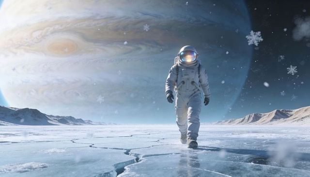 Astronaut Walking Across Cracked Ice Under Majestic Gas Giant, Visor Reflecting