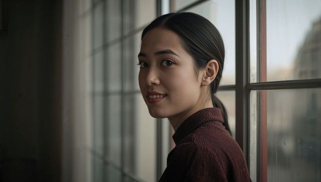 Elegant asian woman turning toward camera by industrial window with soft natural light
