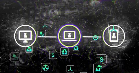 Neon Energy Network Dashboard Visualizing Connected Devices, Renewable Icons and Data Flow