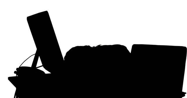 Silhouette of a person resting their head on an office desk with an open laptop. Suitable for depicting concepts of workplace fatigue, overworking, stress in career, corporate exhaustion, and employee burnout. Useful for articles on work-life balance, mental health in the workplace, productivity issues, and challenges of remote work.