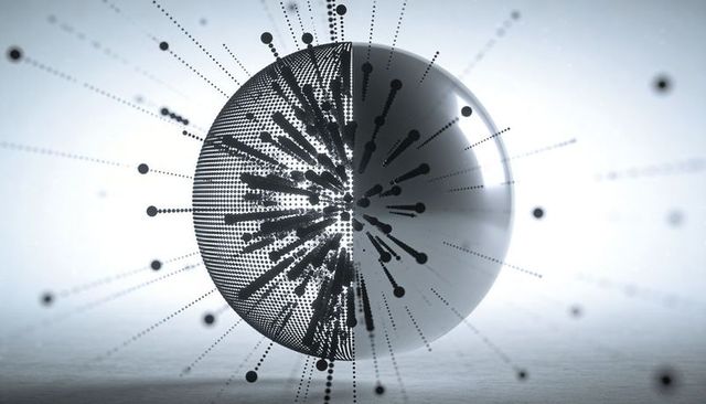 Futuristic monochrome sphere with radial data spikes and dotted mesh for tech visuals