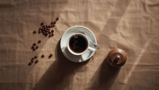 Steaming cup of black coffee on rustic brown linen with scattered beans and wooden jar