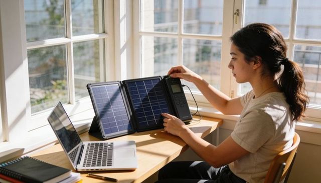 Woman testing foldable solar panel with multimeter at sunlit home desk for portable power
