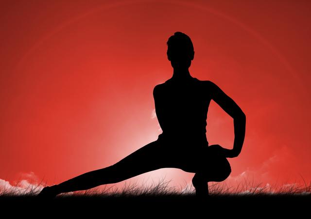 Digital composition of silhouette of woman stretching while practicing yoga on grass