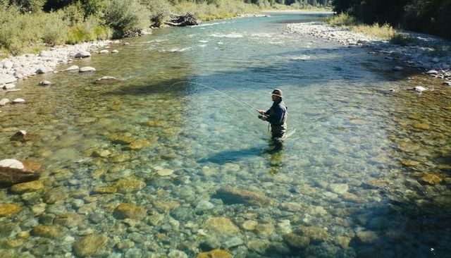 Wading angler casting fly rod over clear rocky riverbed with forested banks, sunlit water