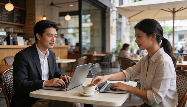 Two professionals working on laptops at urban cafe sharing coffee during business meeting