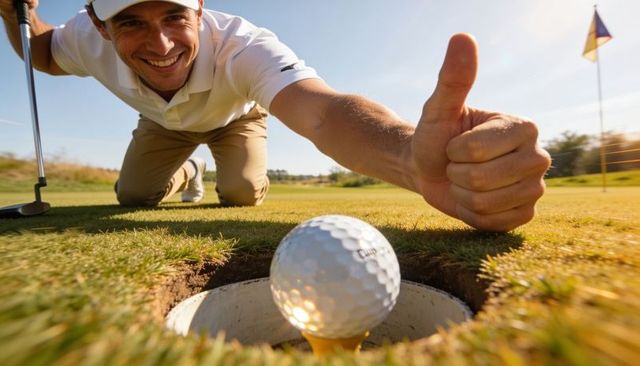 Low-angle closeup golf ball on rim with smiling golfer kneeling giving thumbs-up