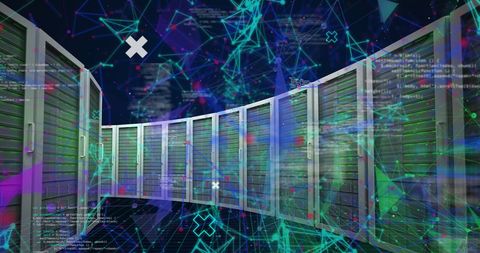 An abstract representation of data processing and global business concepts is showcased with vibrant digital visuals overlaid on a server room. The image illustrates notions of technology and connections in a data-driven, modern business context. Perfect for use in articles, presentations, or marketing materials focusing on IT infrastructure, digital transformation, or futuristic business networks.