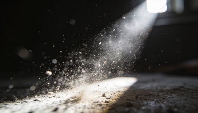 Sunbeam Illuminating Floating Dust Cloud Over Rustic Floor, Grit Particles in Motion