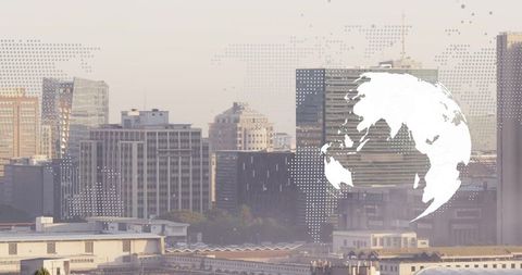 Eurasia Globe Overlay on Urban Cityscape Viewed Under Dot Matrix