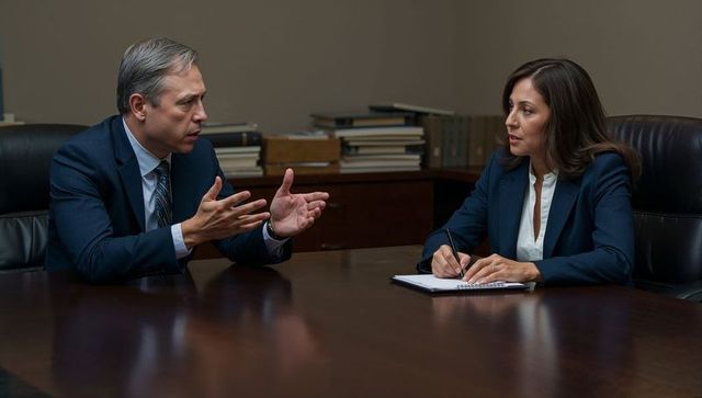 Business executives debating strategy while taking notes in sleek boardroom meeting table