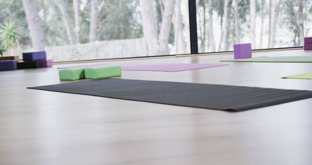 Empty Yoga Studio with Mats and Blocks on Wooden Floor - Download Free Stock Images Pikwizard.com