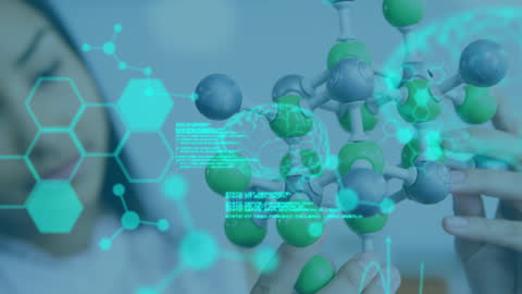 Scientist Examining Molecular Model with Futuristic Interface Overlay