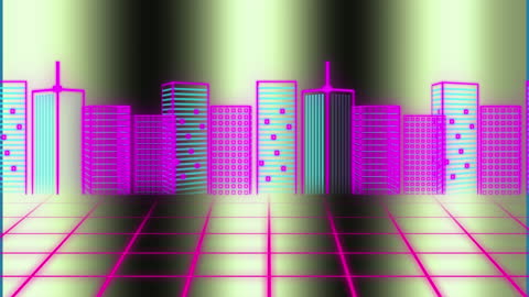 Retro Futuristic Neon Cityscape with Digital Grid