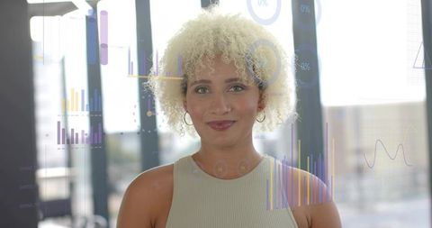 Confident professional presenting interactive data visualizations in modern office