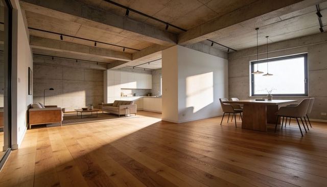 Sunlit minimalist loft living and dining with exposed concrete ceilings and oak floors