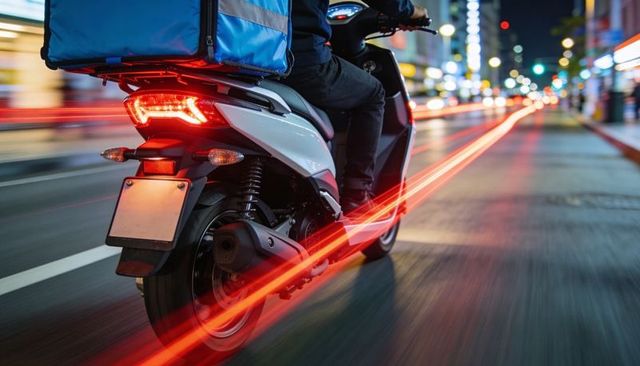 Night courier riding scooter leaving red light trails through neon-lit city streets