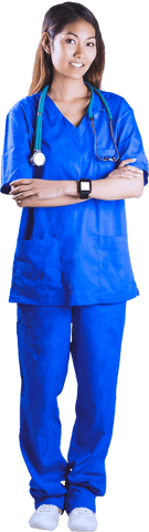 Confident transparent medical professional in blue scrubs