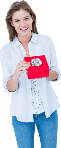 Happy woman with gift in transparent background