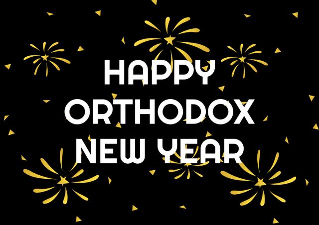 Ideal for use in holiday greeting cards, social media posts, and event invitations celebrating the Orthodox New Year. The black background with gold fireworks adds a festive touch, making it perfect for wishing friends, family, and loved ones a joyous season in the Orthodox tradition.