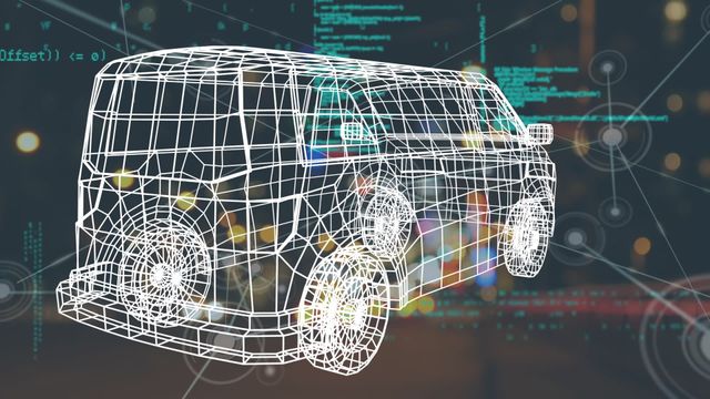 Detailed wireframe model of a car with data processing graphics and network connections in the background. Ideal for showcasing advancements in automotive technology, data visualization, and digital design. Perfect for use in tech-oriented presentations, automotive industry marketing materials, or educational content on modern vehicle innovations and data integration applications.