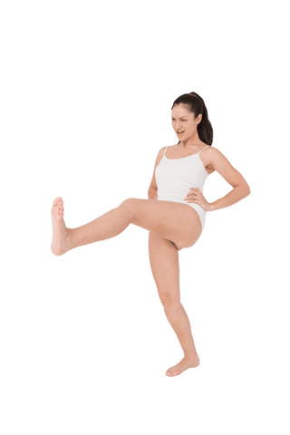 Transparent woman practicing karate kick elegant pose