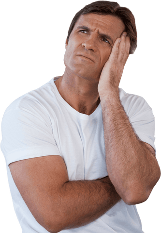 Transparent thoughtful man pondering with hand on face