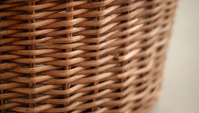 Woven rattan basket close-up showing natural fiber texture, warm wicker pattern and detail
