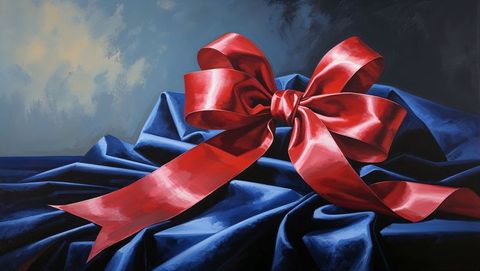 Red satin ribbon bow adorning blue fabric background