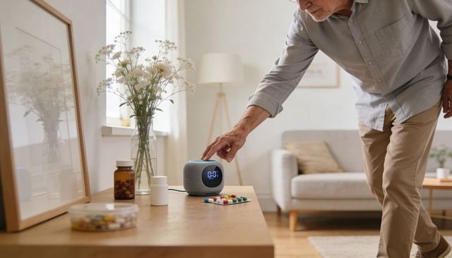 Senior man adjusting smart speaker beside medication on sunlit living room console