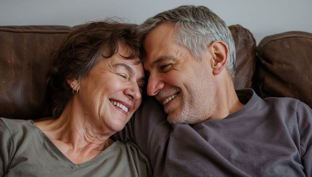 Senior couple cuddling on brown leather couch sharing warm smiles and intimate moment