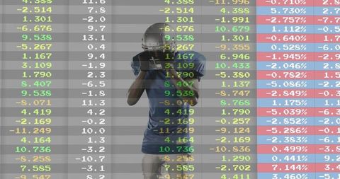 Football player in financial data overlay representing strategy and sports analytics